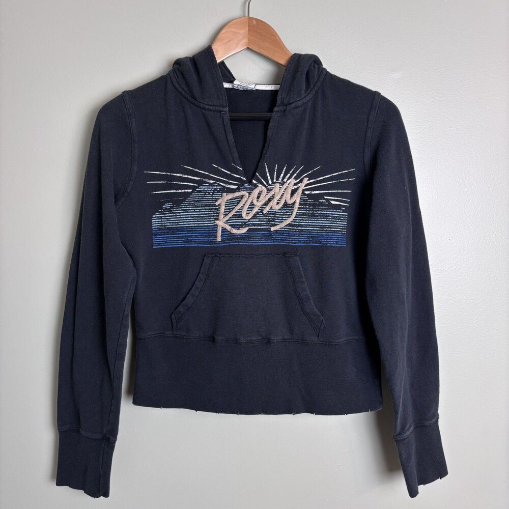 VTG Y2K Roxy Crop Hoodie Sz M Embroidered Sunset Surf Skate Beach Coastal Indie
